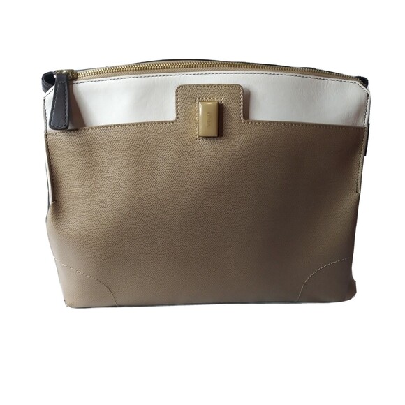 Furla Top Handle Handbag Italian Leather Purse Taupe Cream Brown - Picture 5 of 14